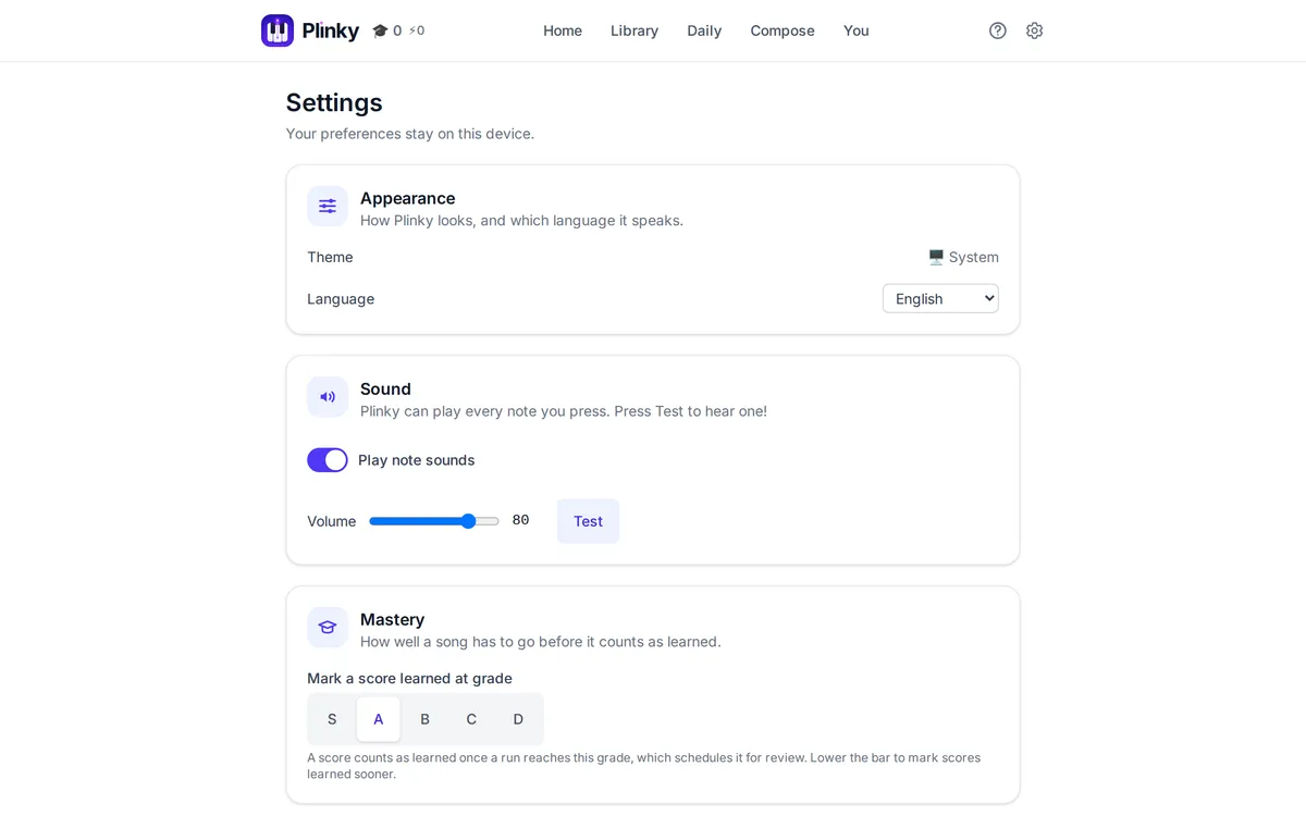 A screenshot of settings